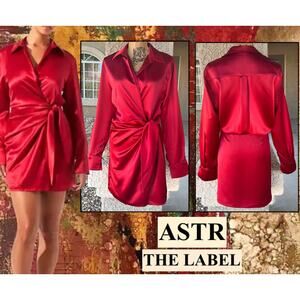 Astr The Label Red Satin Wrap Long Sleeve Mini Dress Size L